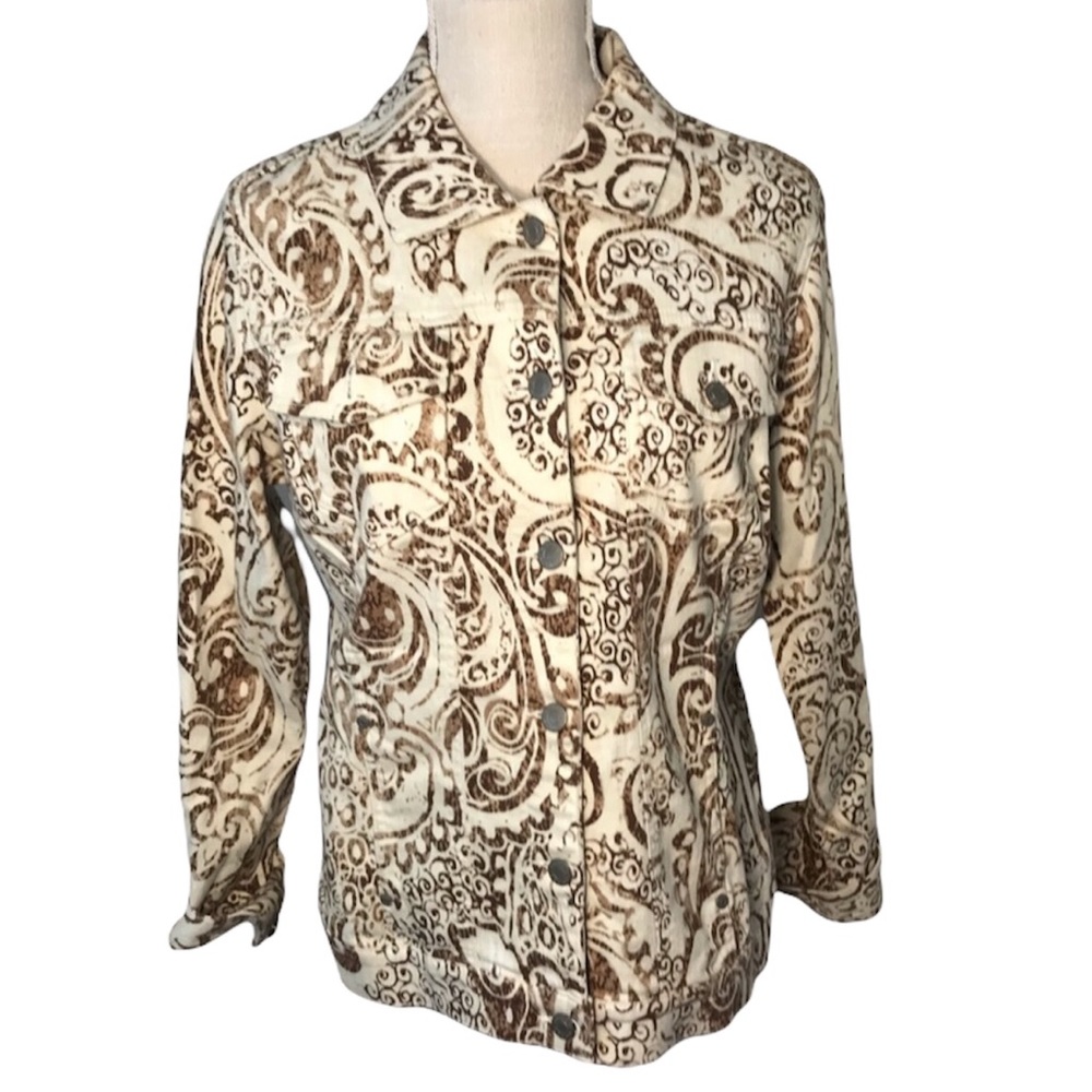 Additions by Chicos tan brown paisley button up jean jacket size 1 medium